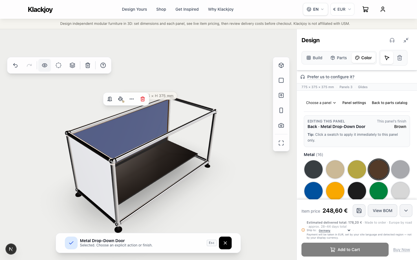Klackjoy 配置界面：左侧模块化商品模型，右侧板件与颜色选项